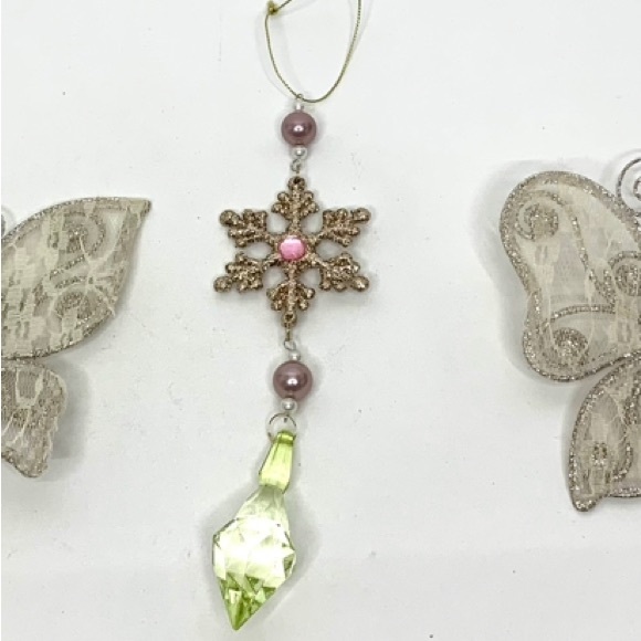 Glitter Butterfly & Snowflake Jewel Feminine Christmas Tree Ornaments Set Of 3 - Picture 7 of 9